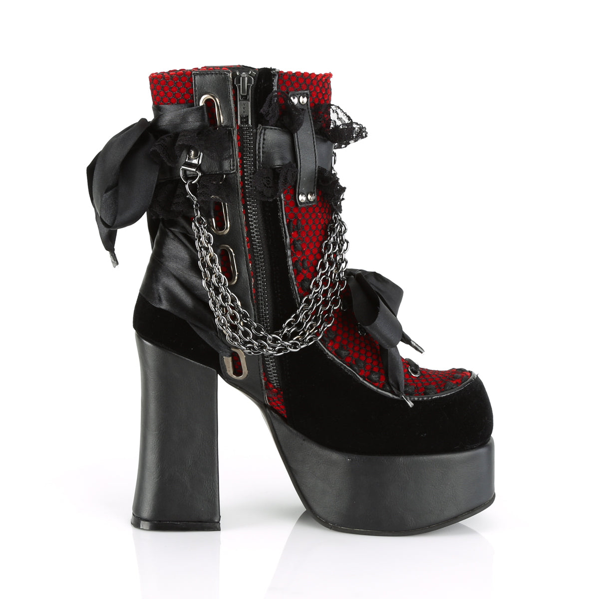 DemoniaCult Womens Ankle Boots CHARADE-110 Blk V. Le-Red-Blk Velvet-Fishnet Overlay