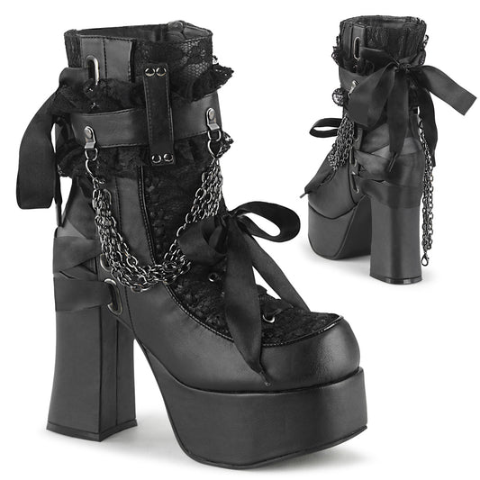 DemoniaCult Womens Ankle Boots CHARADE-110 Blk Vegan Leather-Lace Overlay
