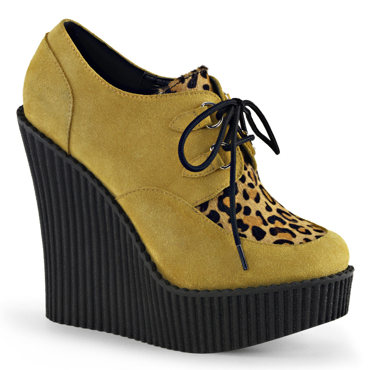 DemoniaCult Womens Low Shoe CREEPER-304 Mustard Vegan Suede-Leopard Printed Ponly Hair