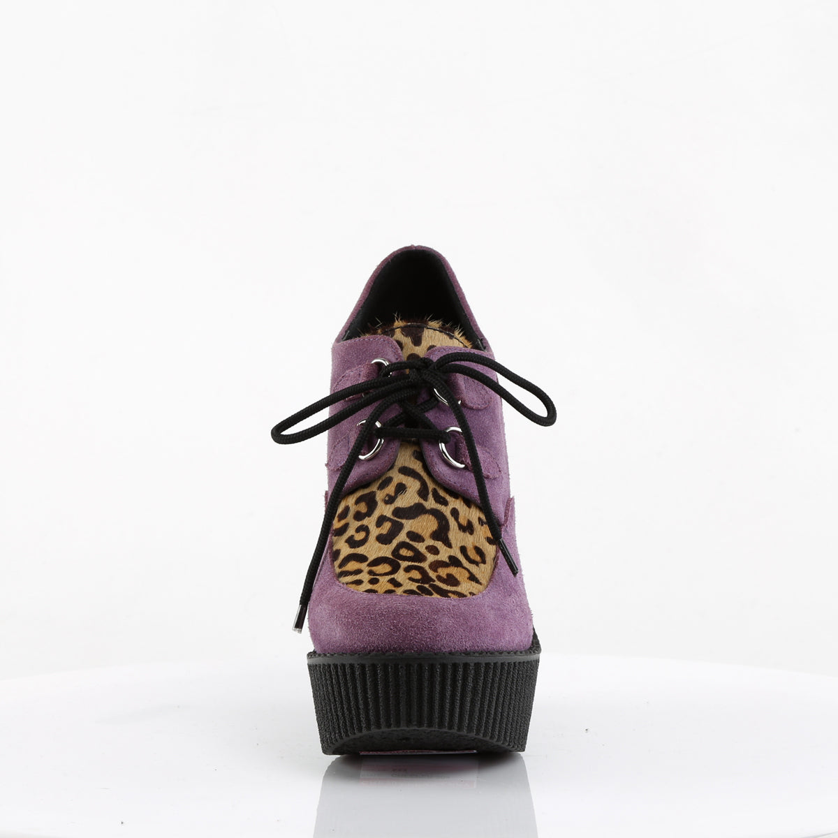 DemoniaCult Womens Low Shoe CREEPER-304 Purple Vegan Suede-Leopard Printed Pony Hair