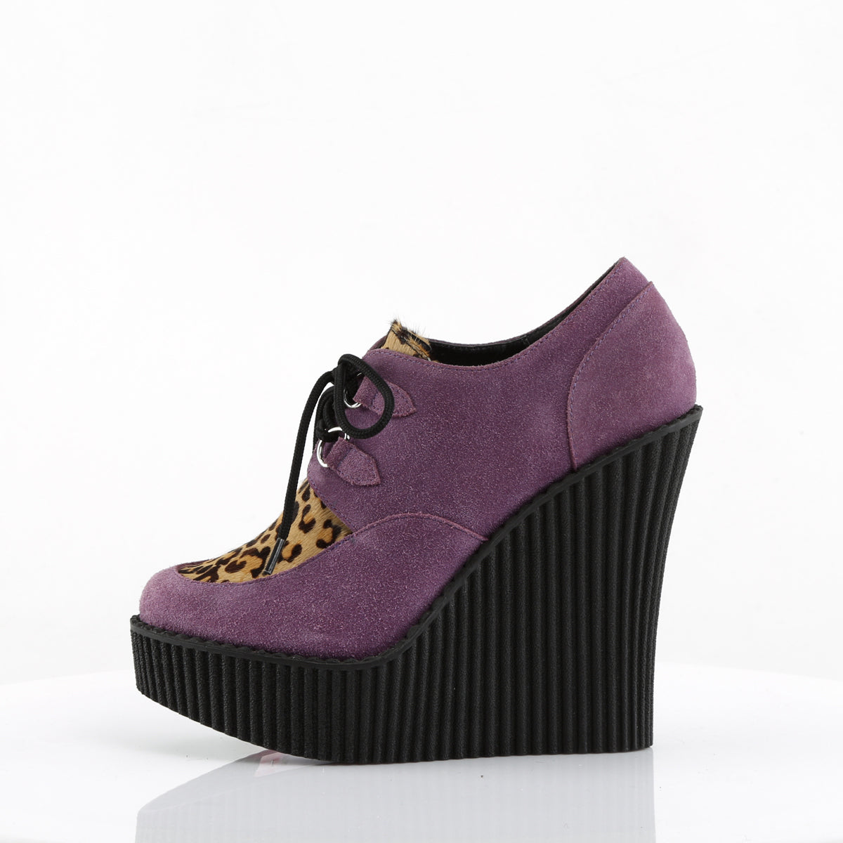 DemoniaCult Womens Low Shoe CREEPER-304 Purple Vegan Suede-Leopard Printed Pony Hair