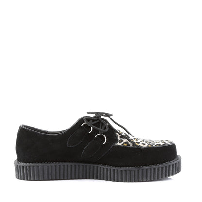 DemoniaCult Mens Low Shoe CREEPER-600 Blk Suede-Cheetah Fur
