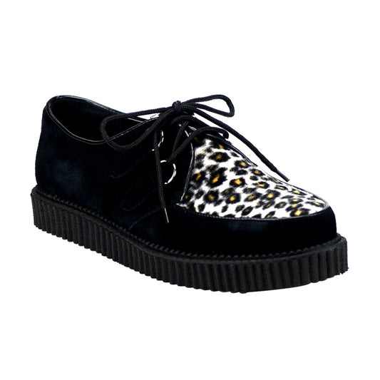 DemoniaCult Mens Low Shoe CREEPER-600 Blk Suede-Cheetah Fur