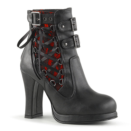 DemoniaCult Womens Ankle Boots CRYPTO-51 Blk-Red Lace Vegan Leather