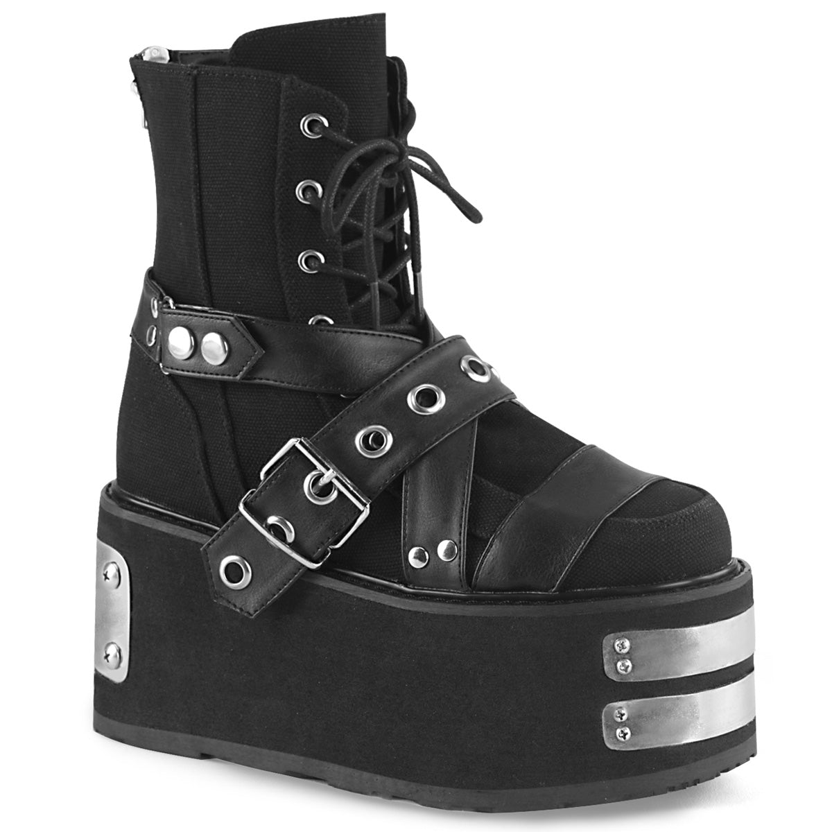 DemoniaCult Womens Ankle Boots DAMNED-116 Blk Canvas-Vegan Leather