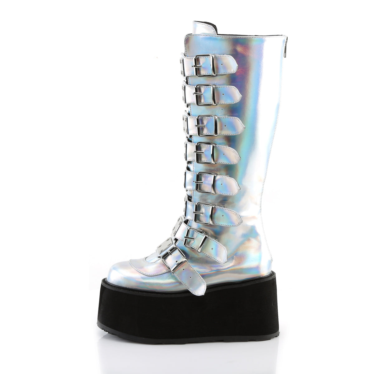 DemoniaCult Womens Boots DAMNED-318 Silver Hologram Vegan Leather