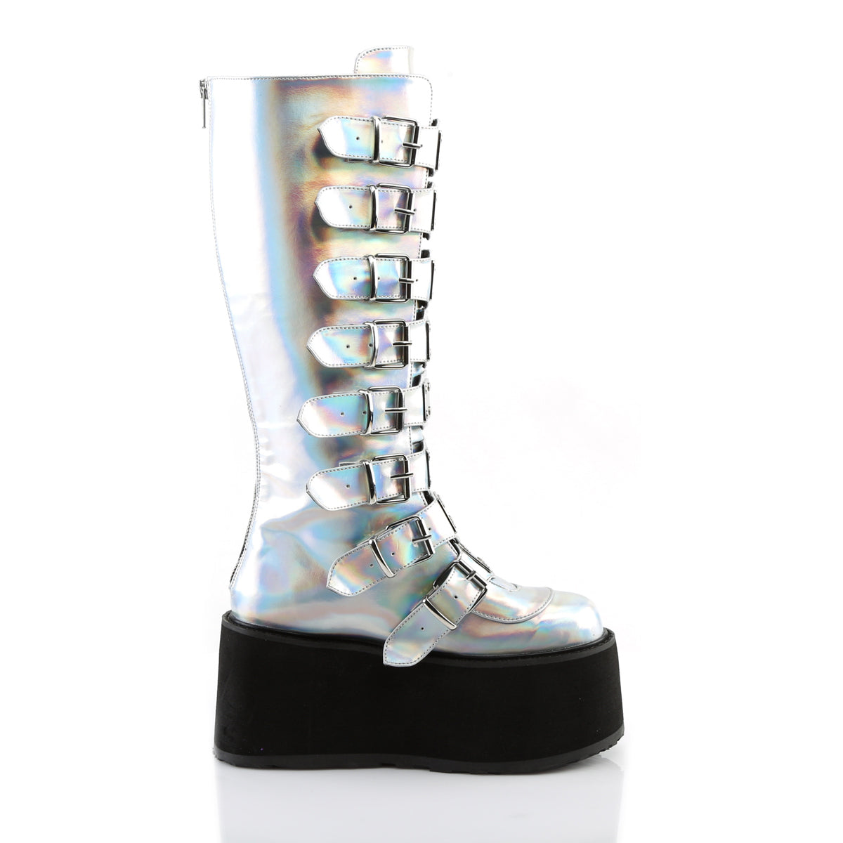 DemoniaCult Womens Boots DAMNED-318 Silver Hologram Vegan Leather
