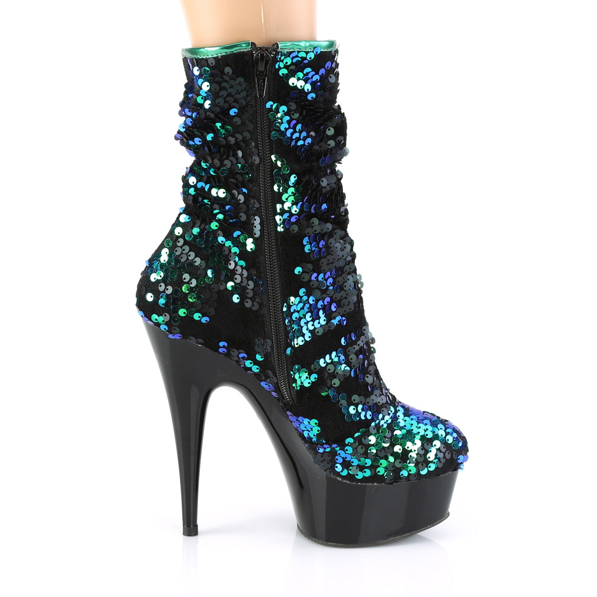Pleaser Womens Ankle Boots DELIGHT-1004 Green Iridescent Sequins/Blk