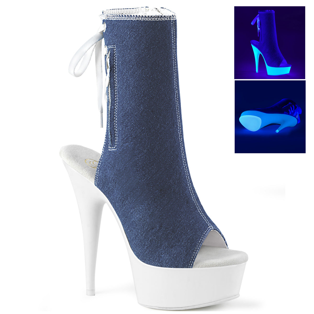 Pleaser Womens Ankle Boots DELIGHT-1018SK Denim Blue Canvas/Neon White