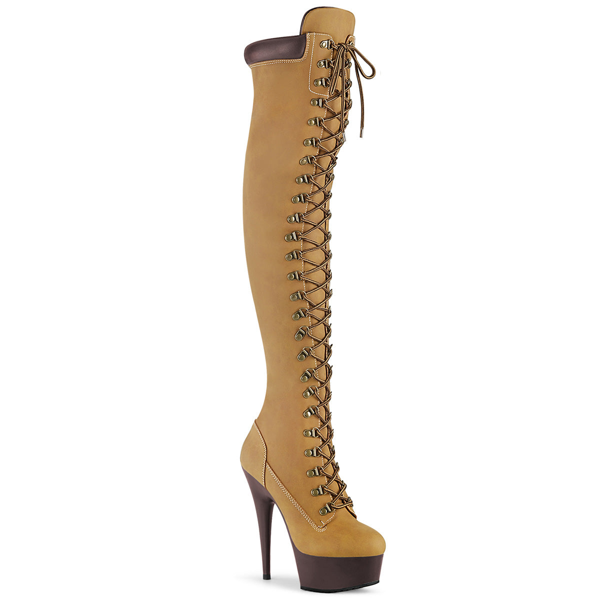 Pleaser Womens Boots DELIGHT-3000TL Tan Nubuck Faux Leather/Dark Brown Matte