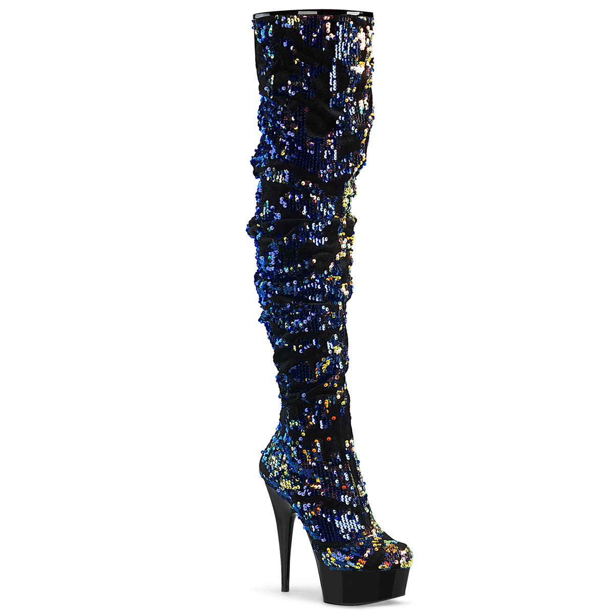 Pleaser Womens Boots DELIGHT-3004 Blue Iridescent Sequins/Blk