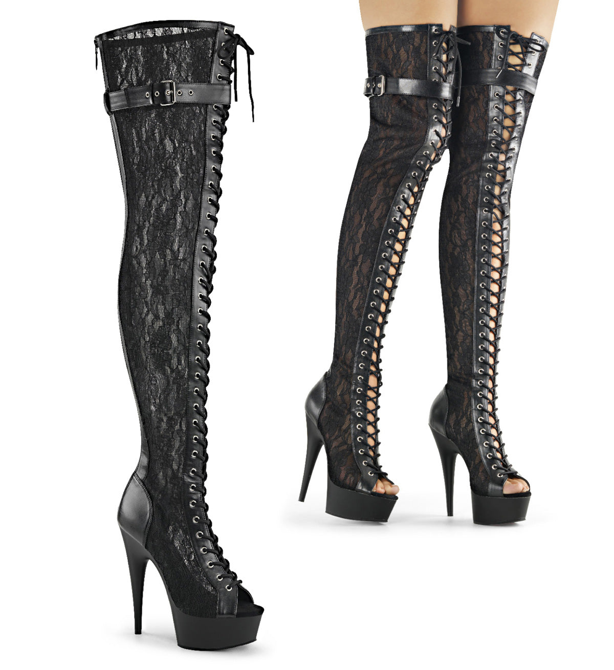 Pleaser Womens Boots DELIGHT-3025ML Blk Faux Leather-Mesh-Lace/Blk Matte
