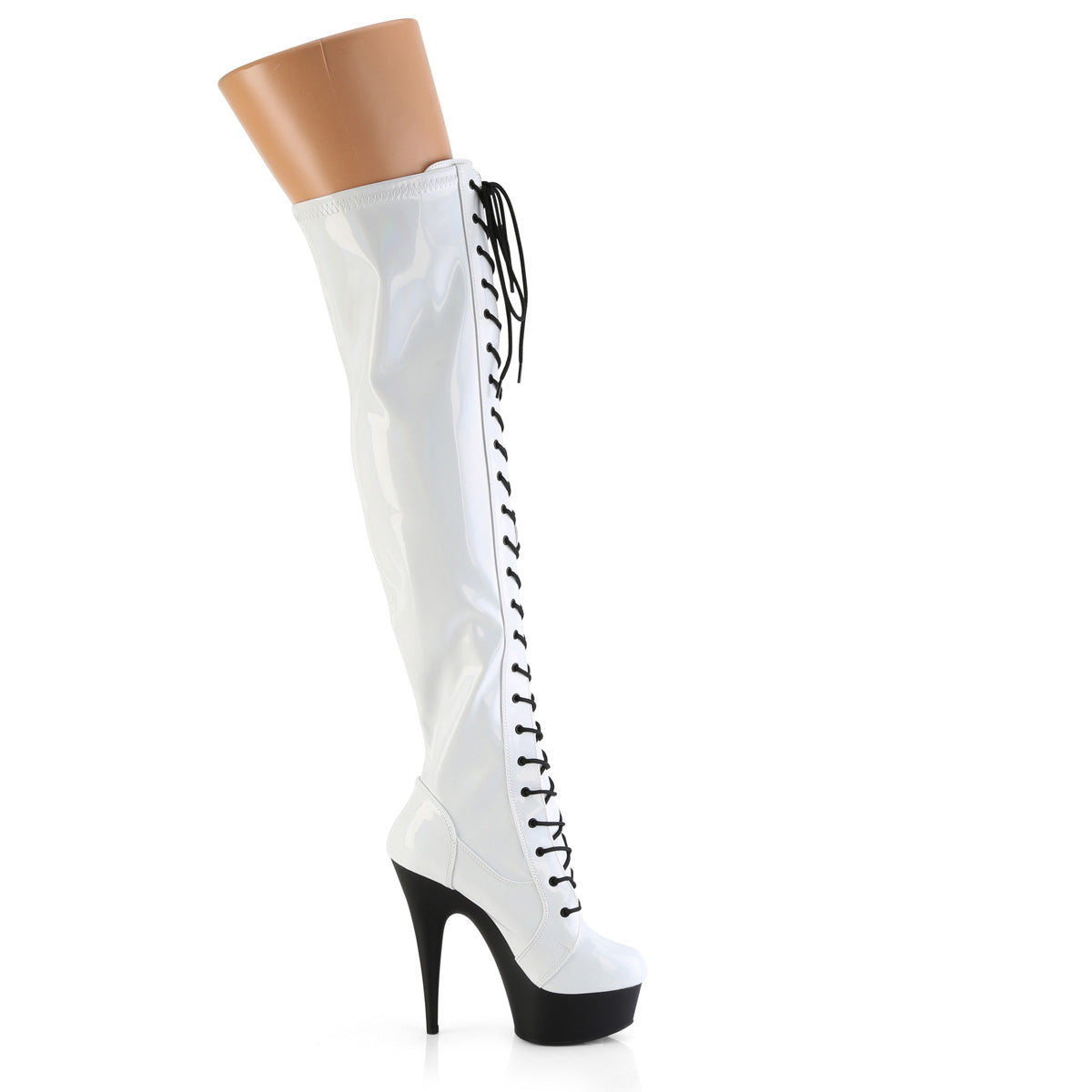 Pleaser   DELIGHT-3029 Wht Str Hologram Pat/Blk Matte