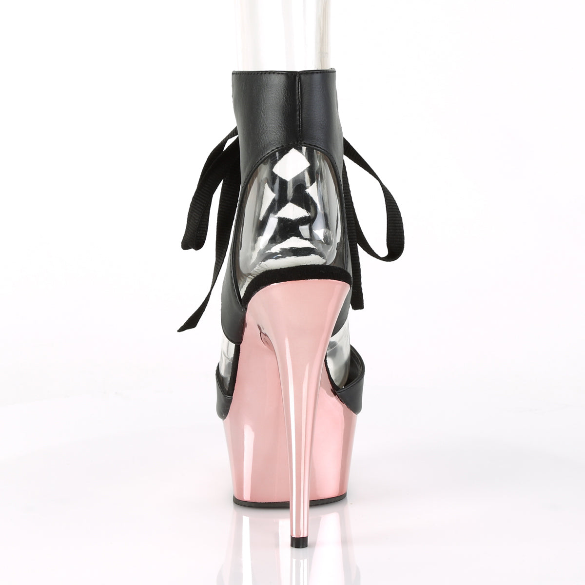Pleaser Womens Sandals DELIGHT-600-14 Blk Faux Leather/Rose Gold Chrome