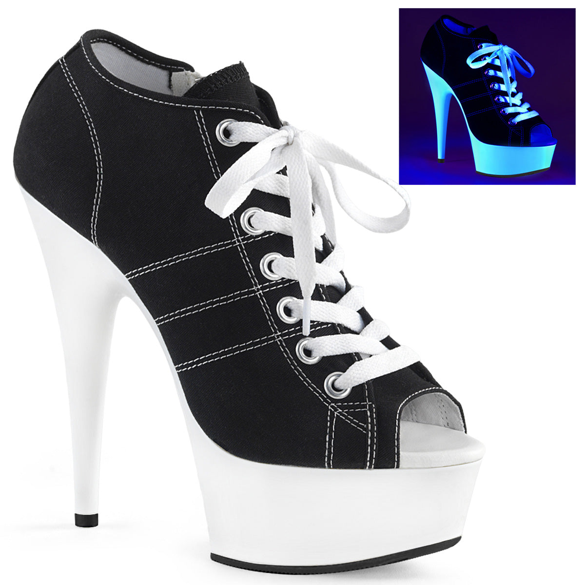Pleaser Womens Sandals DELIGHT-600SK-01 Blk Canvas/Neon White