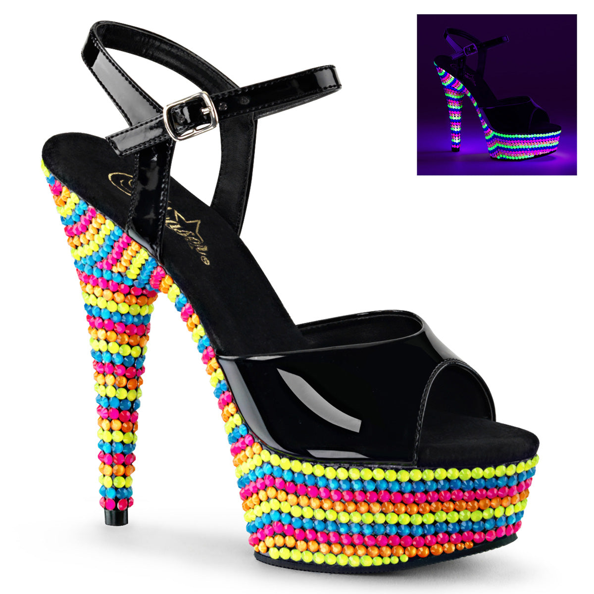 Pleaser Womens Sandals DELIGHT-609RBS Blk Pat/Neon Multi
