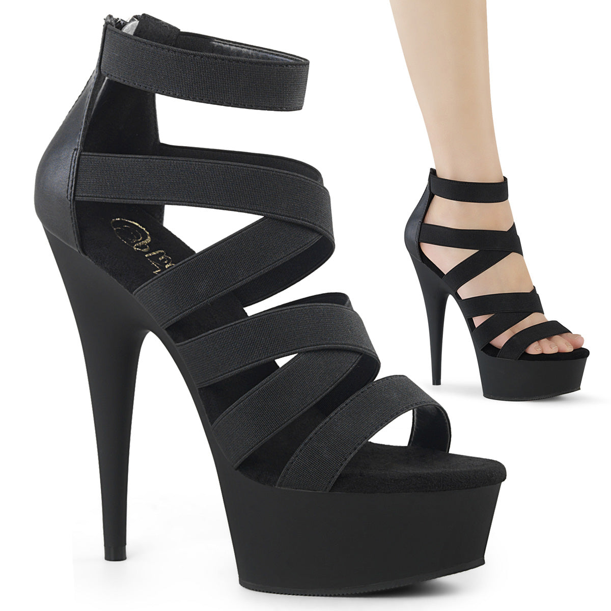 Pleaser Womens Sandals DELIGHT-659 Blk Elastic Band-Faux Leather/Blk Matte