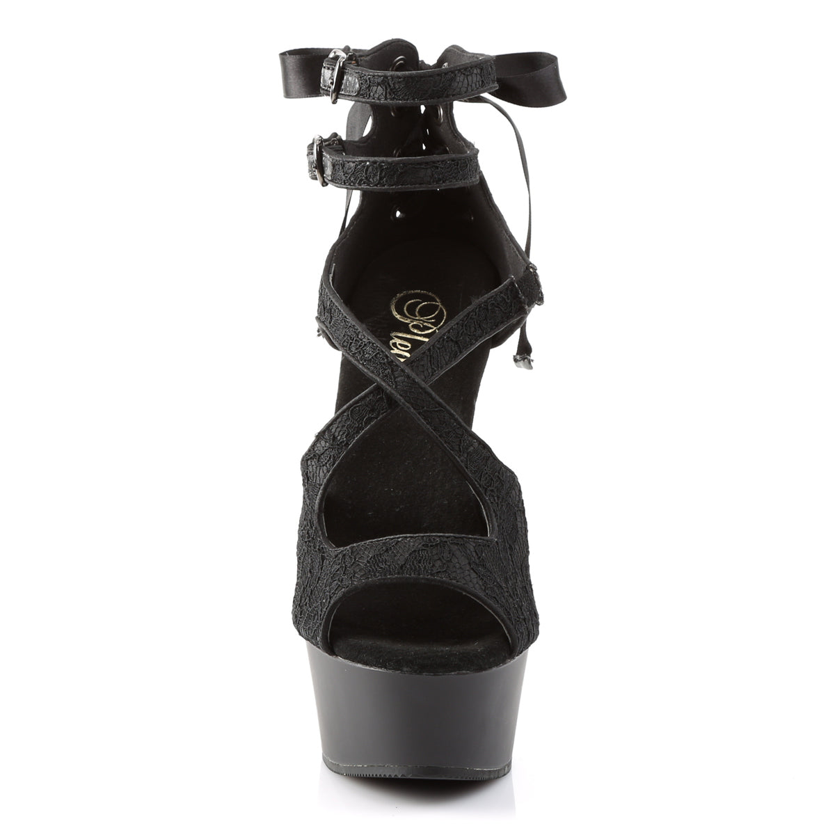 Pleaser Womens Sandals DELIGHT-678LC Blk Satin-Lace/Blk Matte