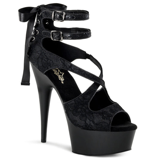Pleaser Womens Sandals DELIGHT-678LC Blk Satin-Lace/Blk Matte