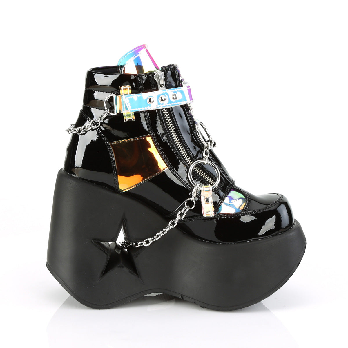 DemoniaCult Womens Ankle Boots DYNAMITE-101 Blk Pat-Magic Mirror TPU