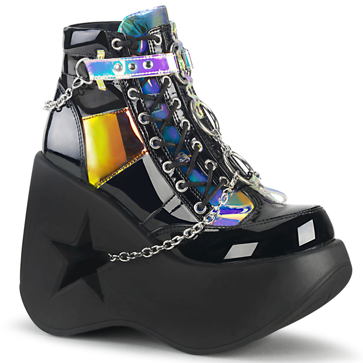 DemoniaCult Womens Ankle Boots DYNAMITE-101 Blk Pat-Magic Mirror TPU
