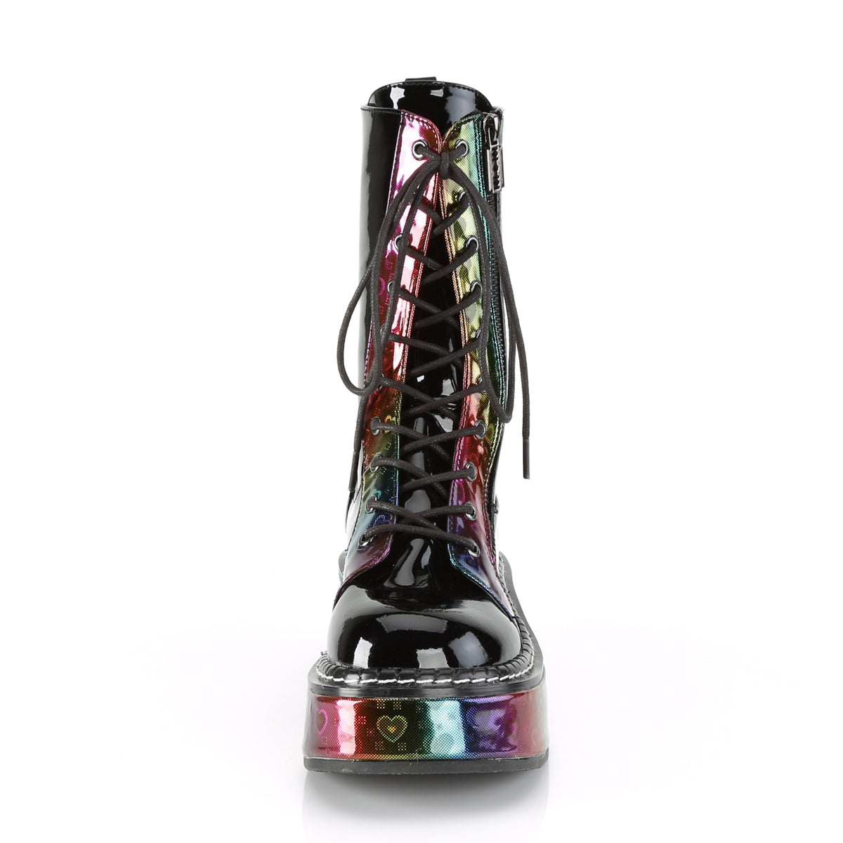 DemoniaCult Womens Boots EMILY-350 Blk Pat-Rainbow Hologram w/ Hearts