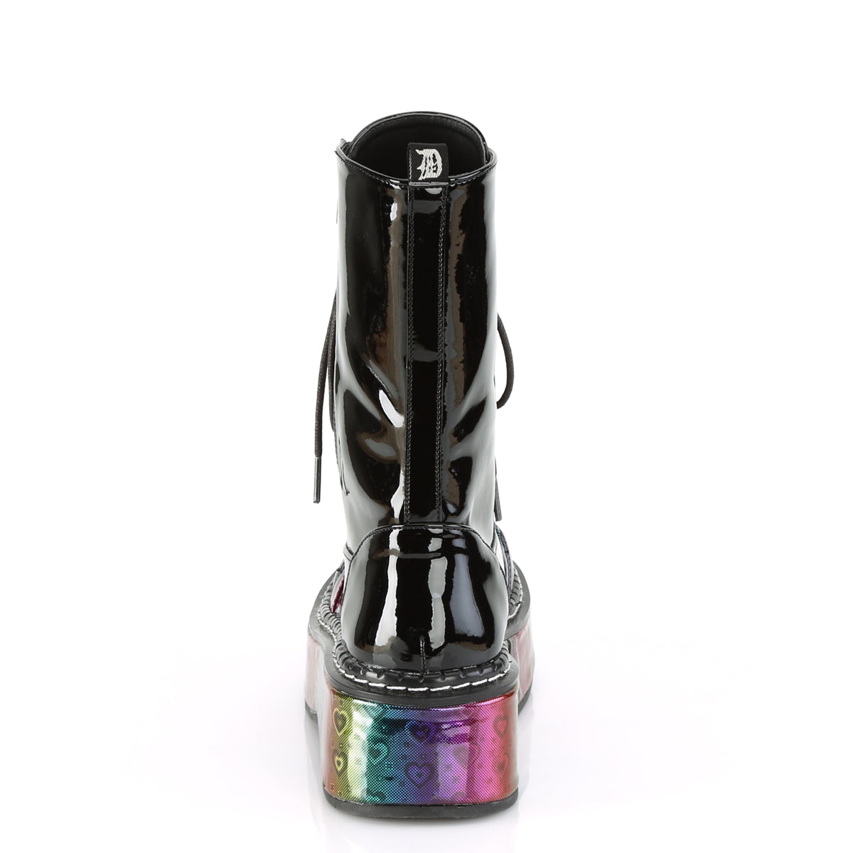 DemoniaCult Womens Boots EMILY-350 Blk Pat-Rainbow Hologram w/ Hearts