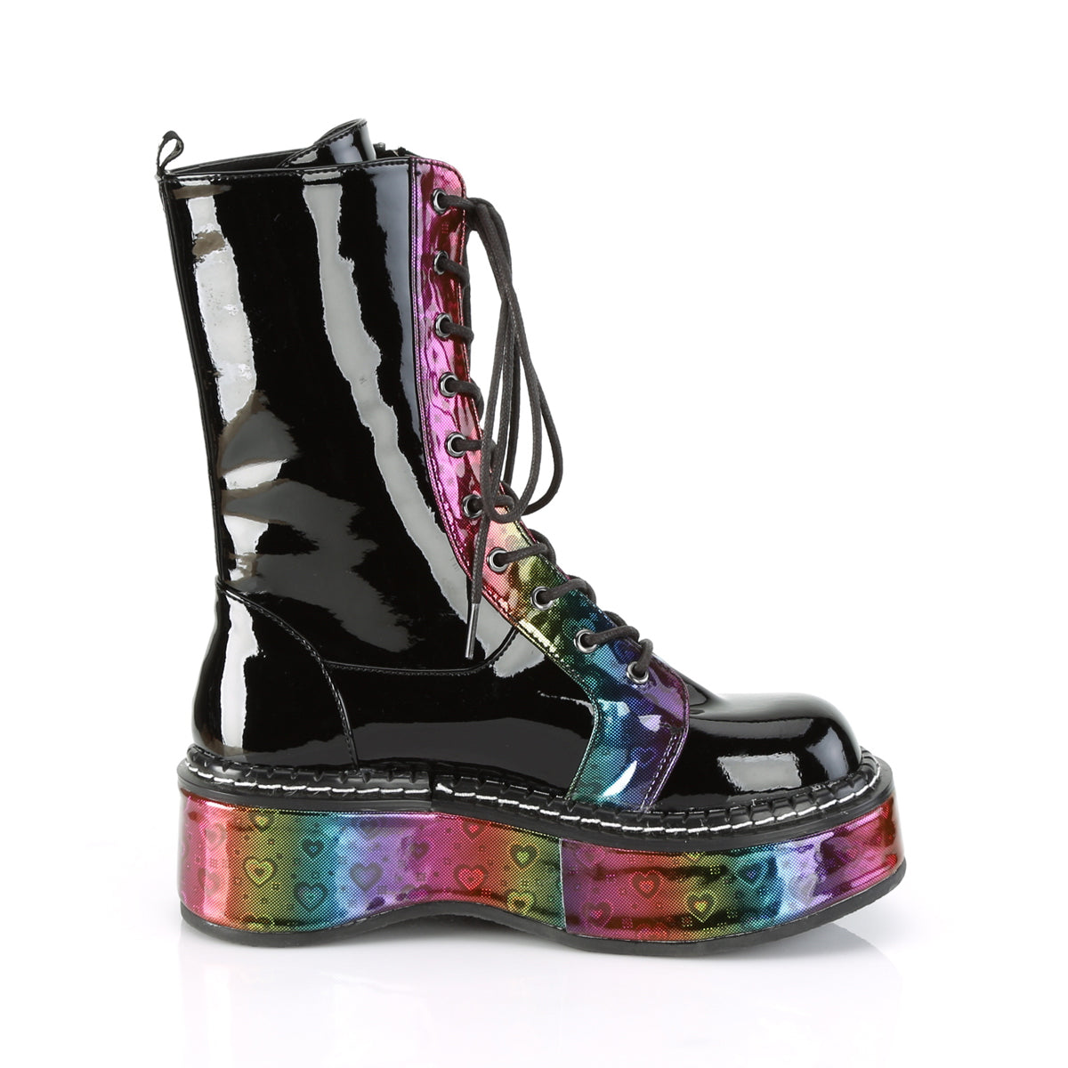 DemoniaCult Womens Boots EMILY-350 Blk Pat-Rainbow Hologram w/ Hearts