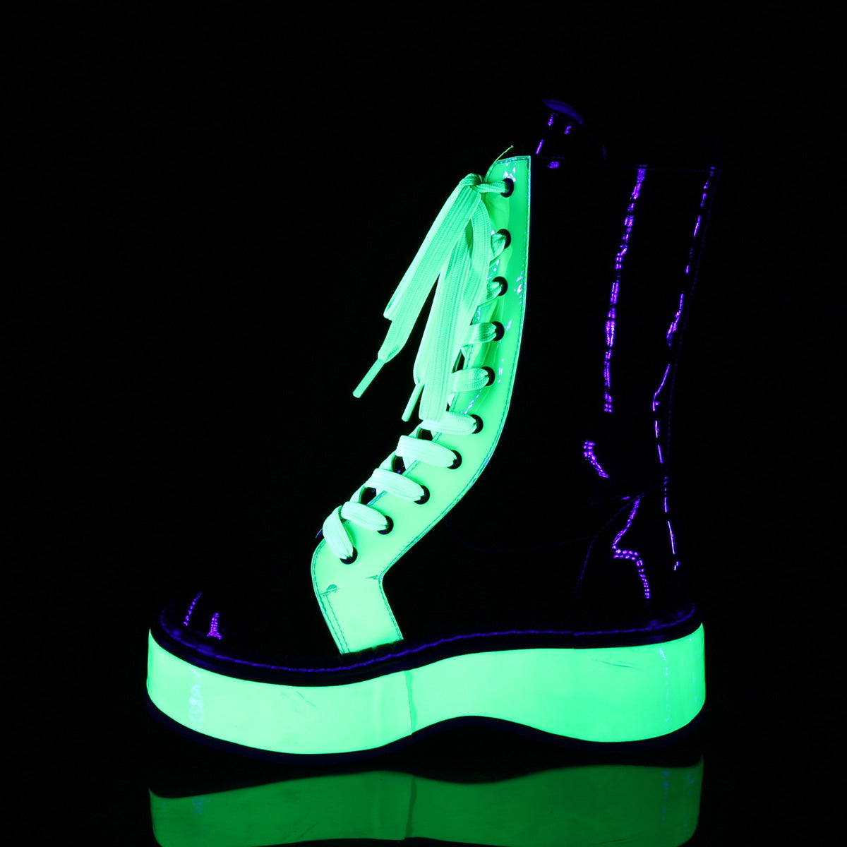 DemoniaCult Womens Boots EMILY-350 Blk Pat-UV Neon Green