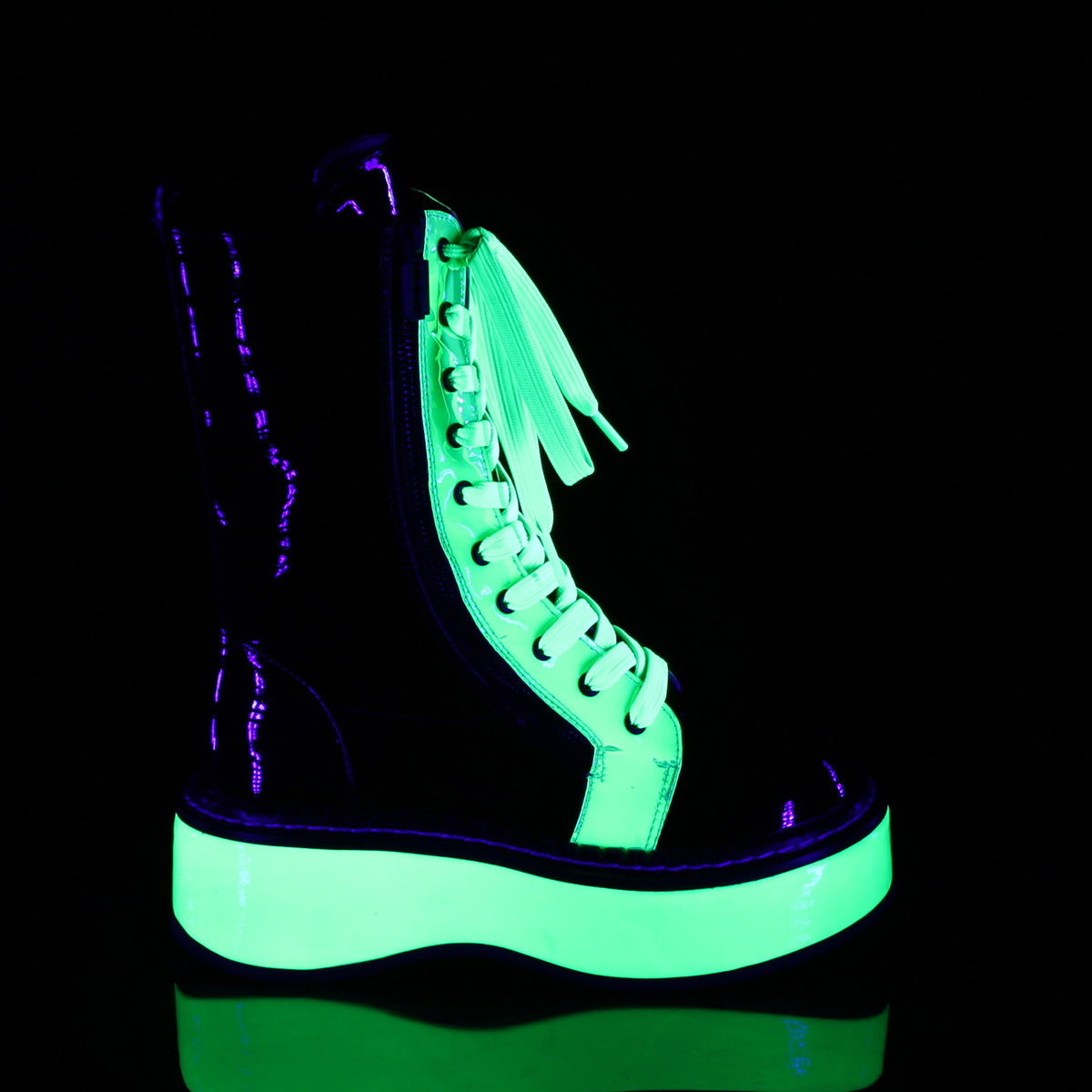 DemoniaCult Womens Boots EMILY-350 Blk Pat-UV Neon Green