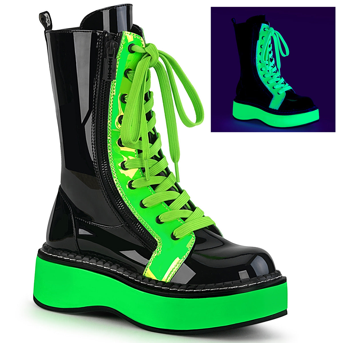 DemoniaCult Womens Boots EMILY-350 Blk Pat-UV Neon Green
