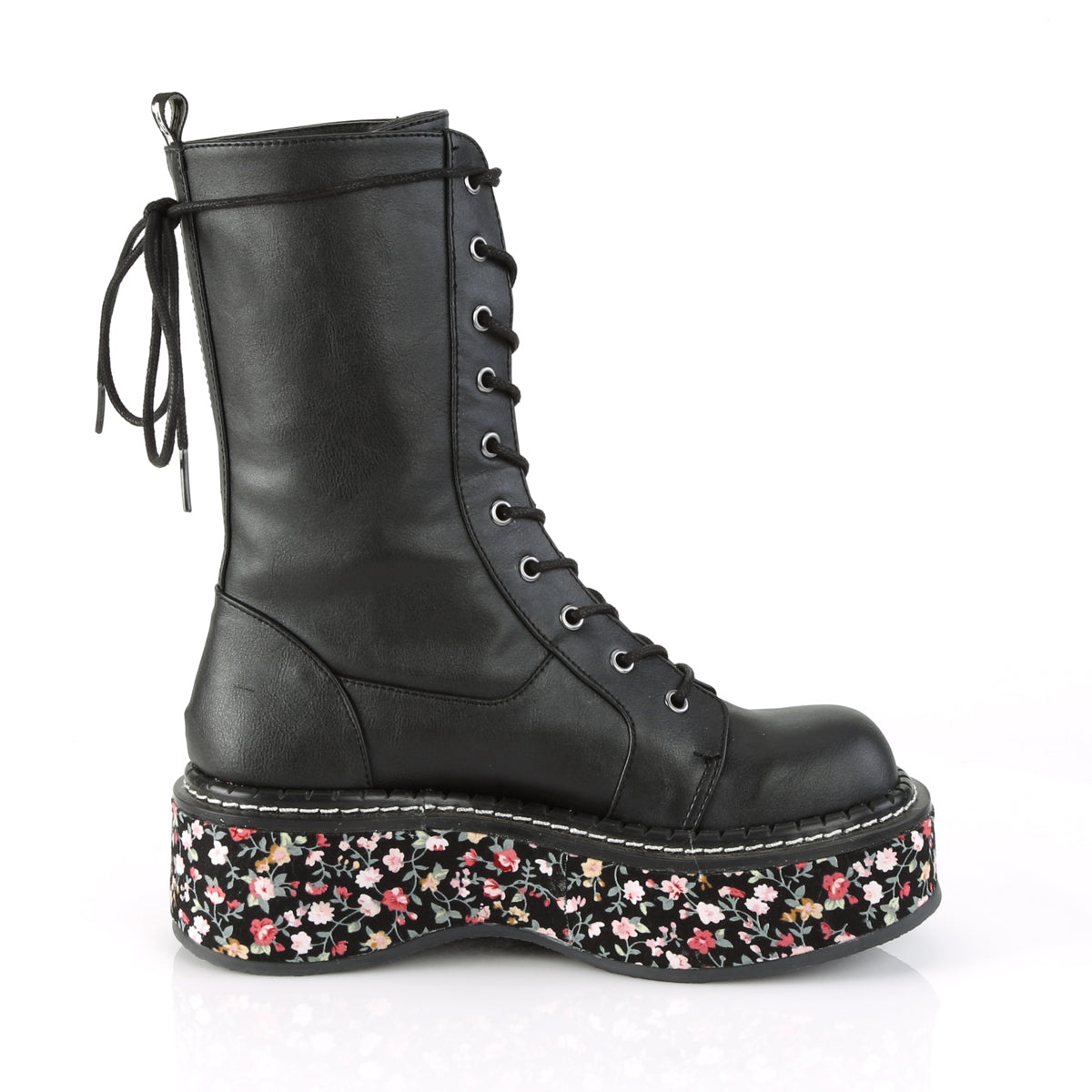 DemoniaCult Womens Boots EMILY-350 Blk Vegan Leather-Floral Fabric