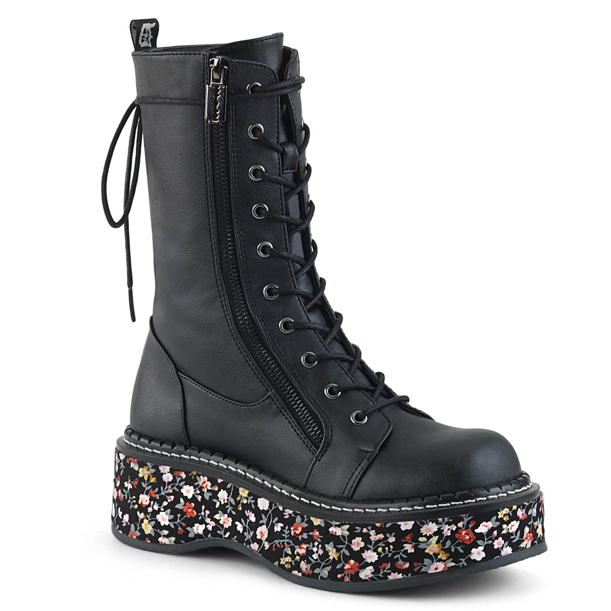 DemoniaCult Womens Boots EMILY-350 Blk Vegan Leather-Floral Fabric