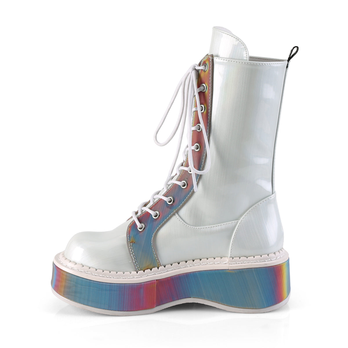DemoniaCult Womens Boots EMILY-350 Wht Brushed Hologram Vegan Leather-Rainbow Reflective