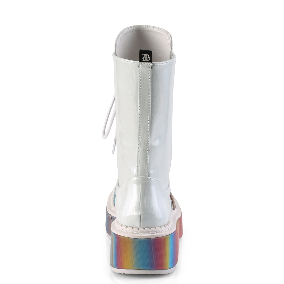 DemoniaCult Womens Boots EMILY-350 Wht Brushed Hologram Vegan Leather-Rainbow Reflective