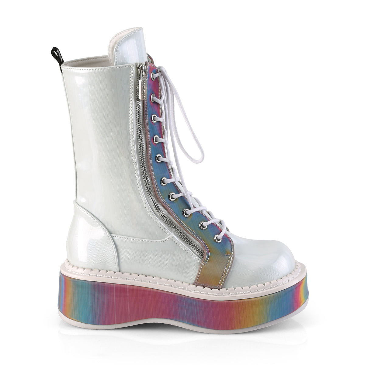 DemoniaCult Womens Boots EMILY-350 Wht Brushed Hologram Vegan Leather-Rainbow Reflective
