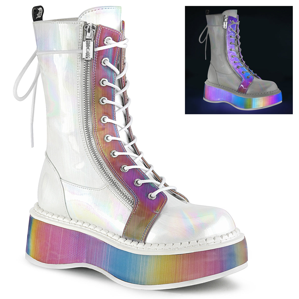 DemoniaCult Womens Boots EMILY-350 Wht Brushed Hologram Vegan Leather-Rainbow Reflective