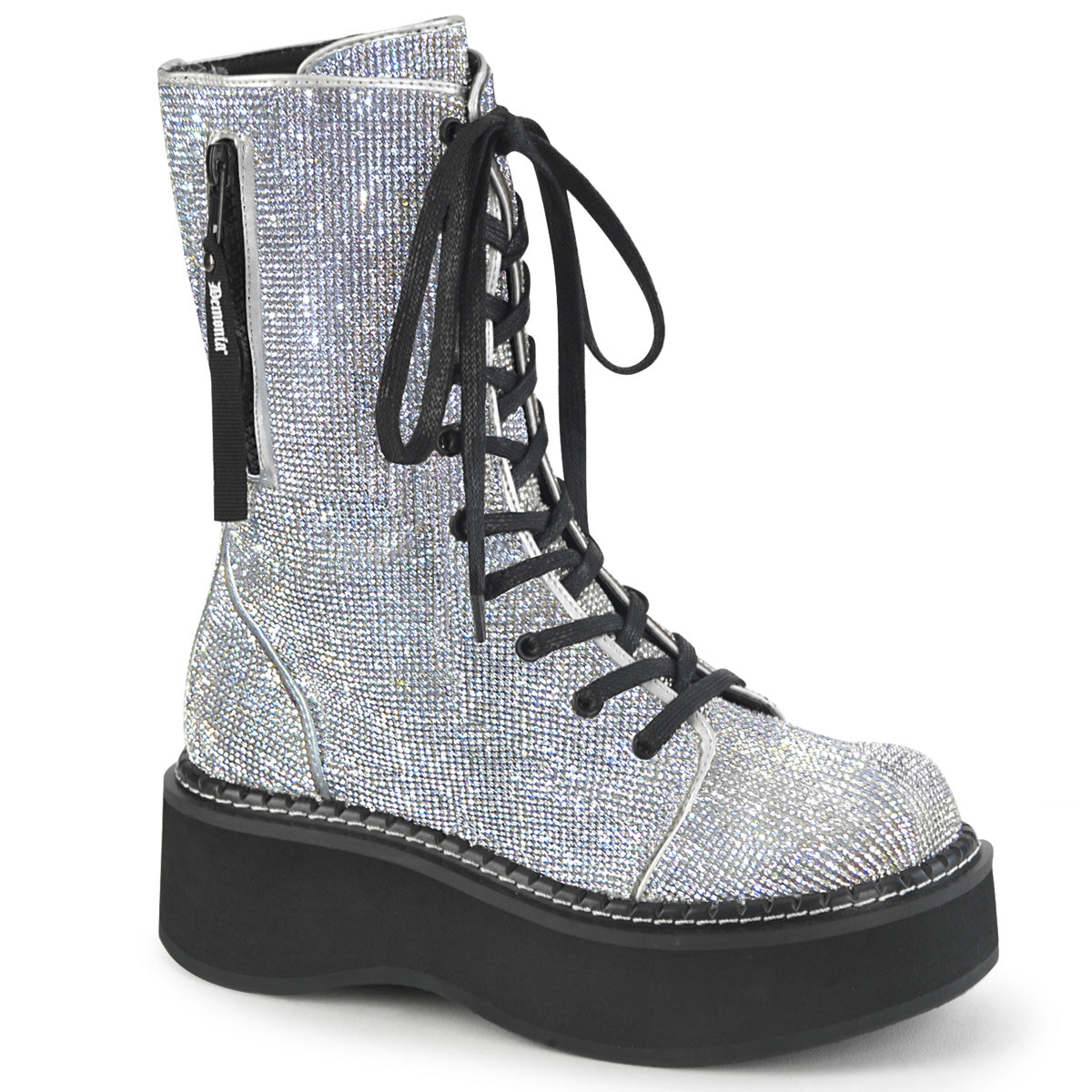 DemoniaCult Womens Boots EMILY-362 Silver Vegan Leather-Rhinstone