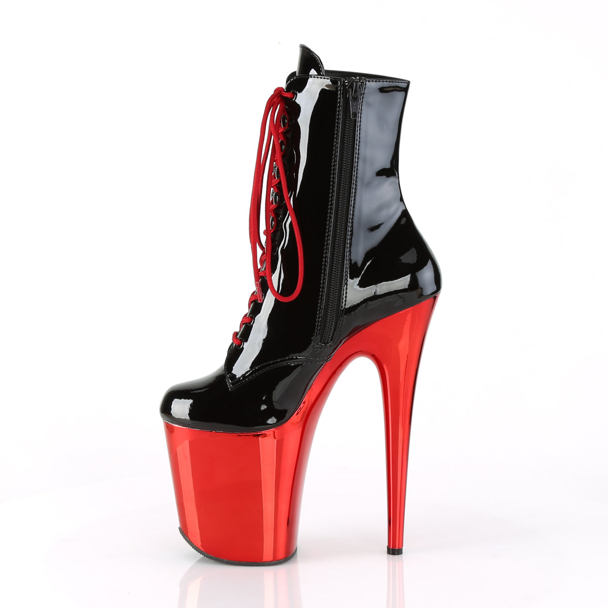 Pleaser Womens Ankle Boots FLAMINGO-1020 Blk Pat/Red Chrome