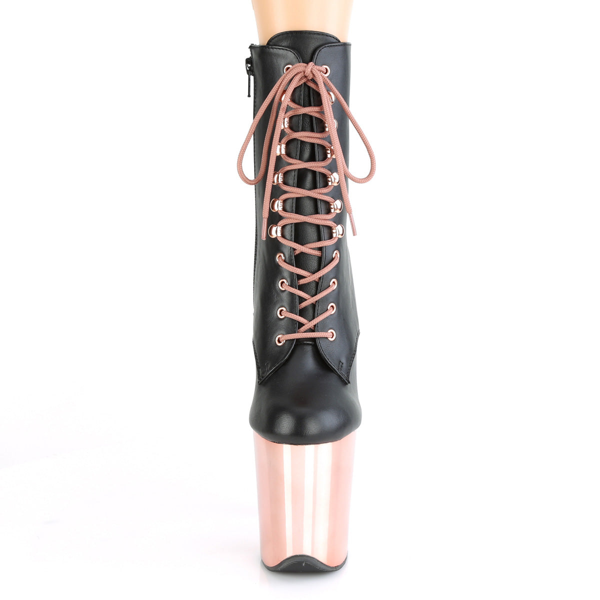 Pleaser Womens Ankle Boots FLAMINGO-1020 Blk Faux Leather/Rose Gold Chrome