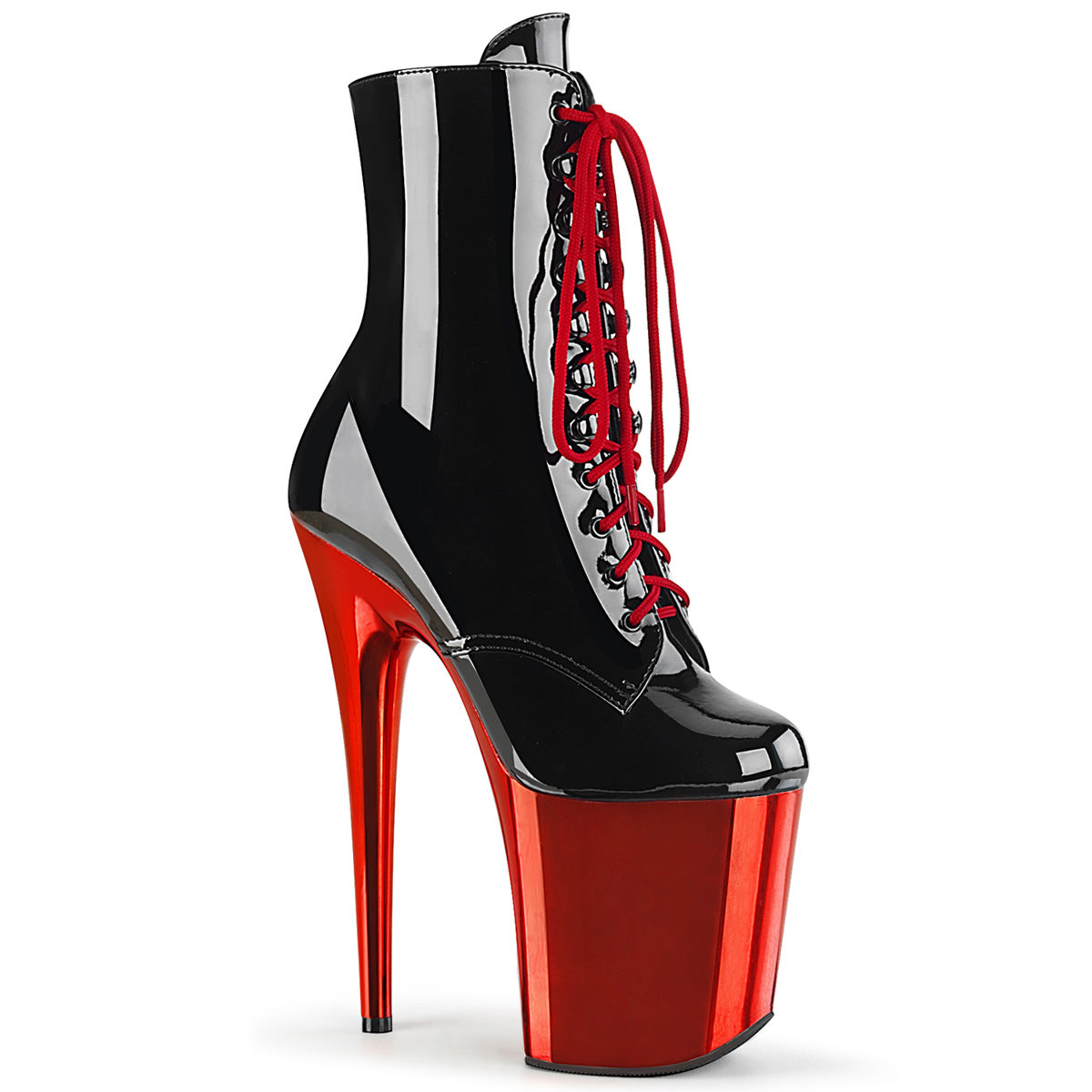 Pleaser Womens Ankle Boots FLAMINGO-1020 Blk Pat/Red Chrome