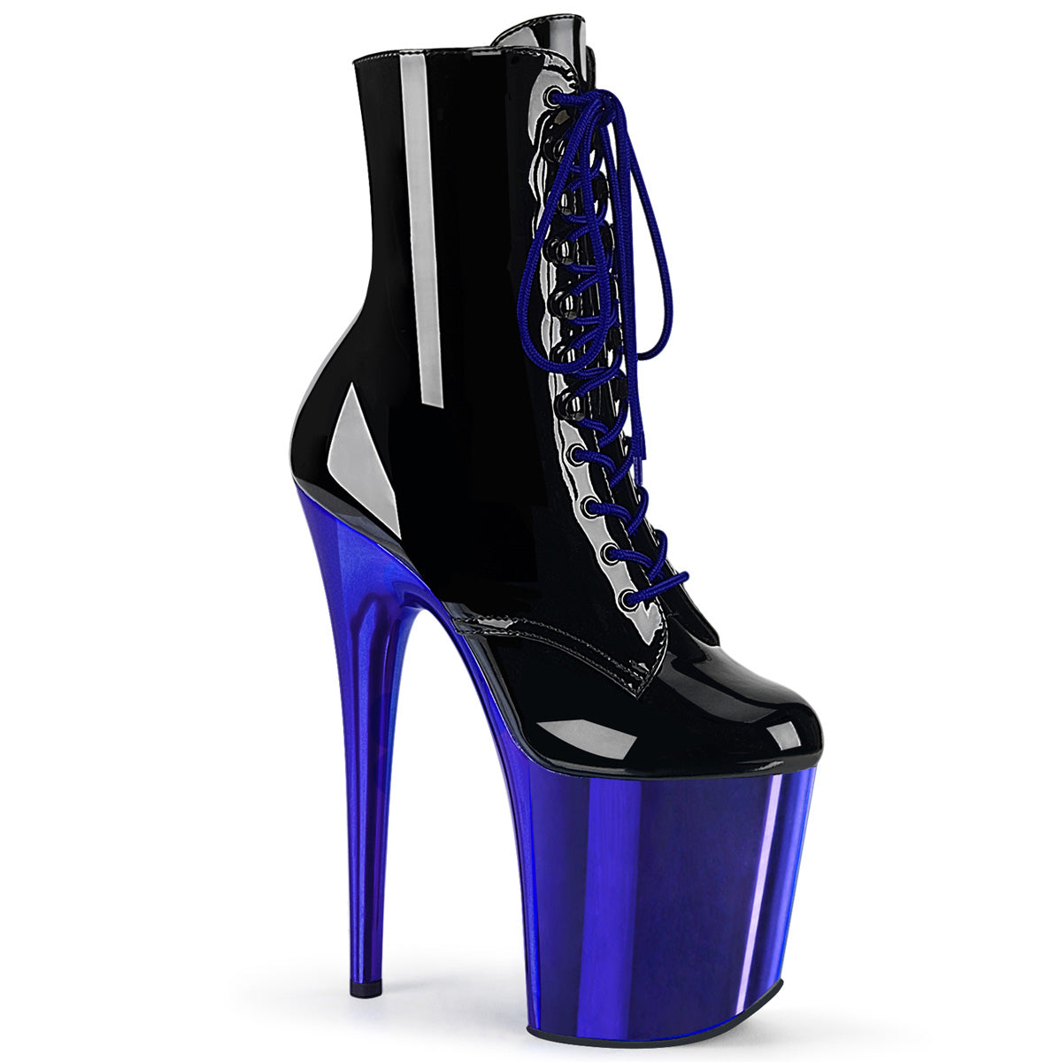 Pleaser Womens Ankle Boots FLAMINGO-1020 Blk Pat/Royal Blue Chrome