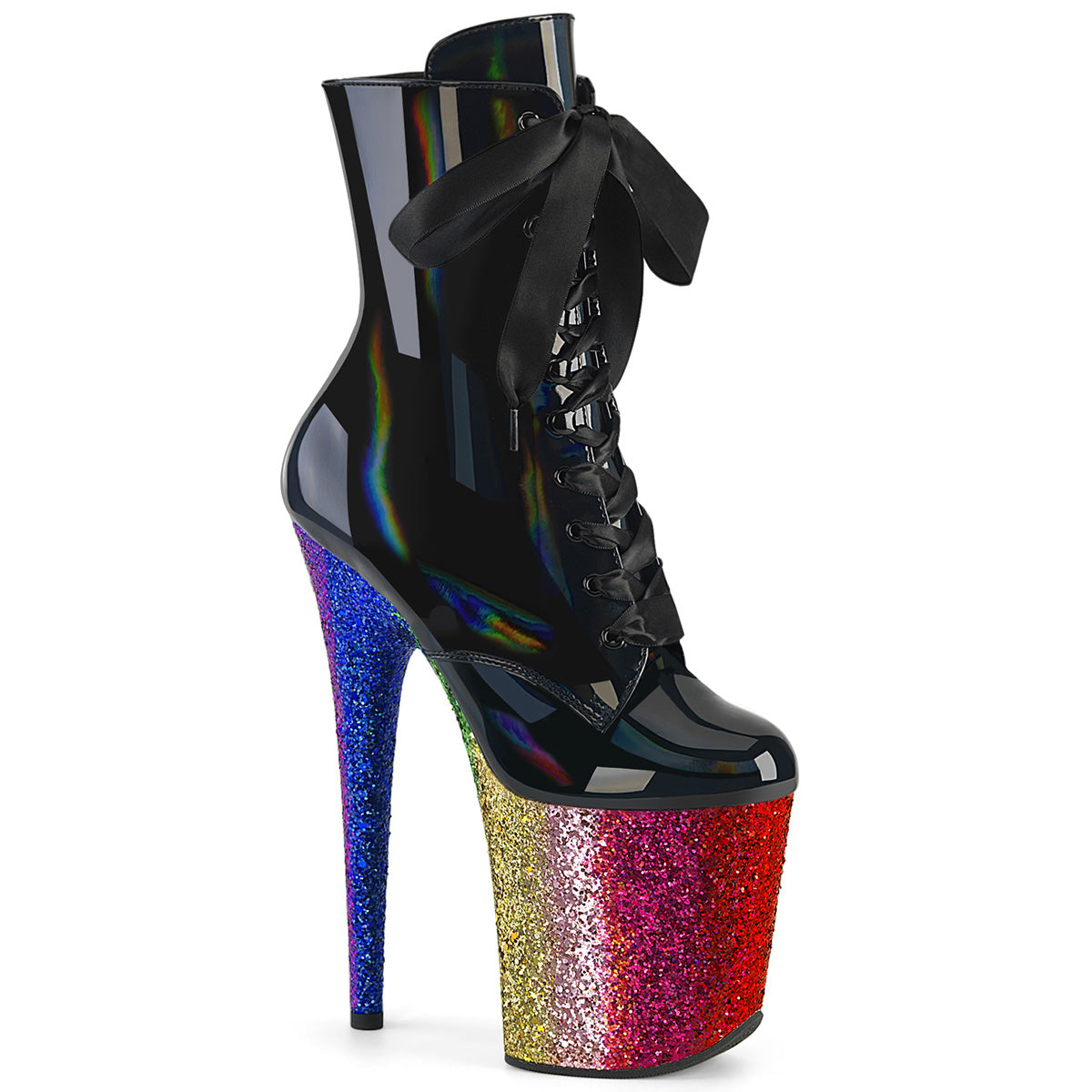 Pleaser   FLAMINGO-1020HG Blk Holo Pat/Rainbow Glitter