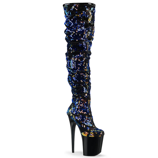 Pleaser Womens Boots FLAMINGO-3004 Blue Iridescent Sequins/Blk
