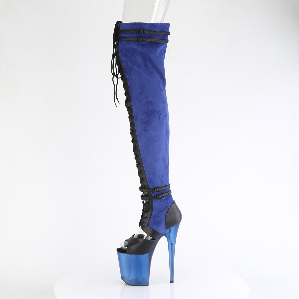Pleaser  Boots FLAMINGO-3027 Blue Faux Suede-Blk Faux Leather/Frosted Blue