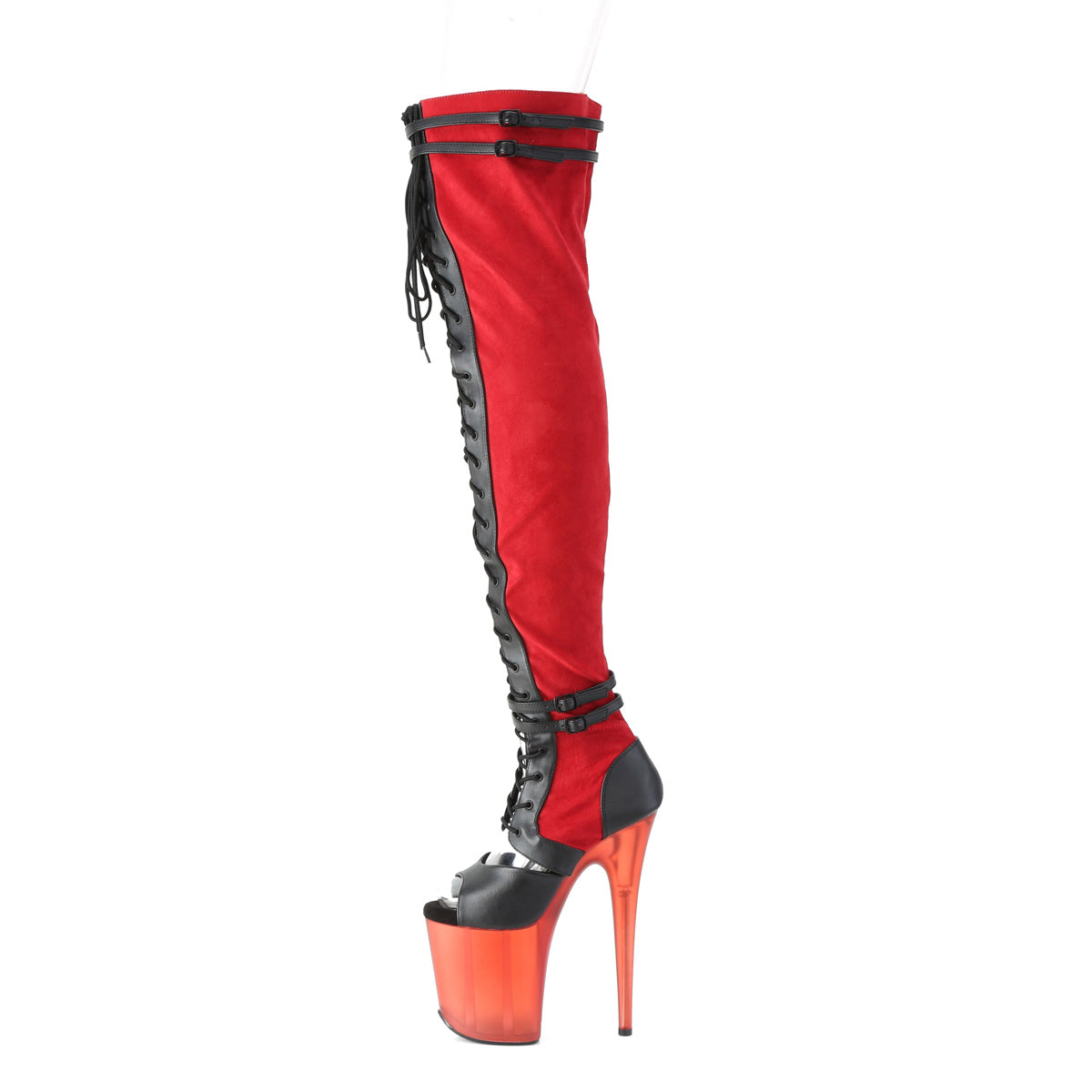 Pleaser Womens Boots FLAMINGO-3027 Red Faux Suede-Blk Faux Leather/Frosted Red