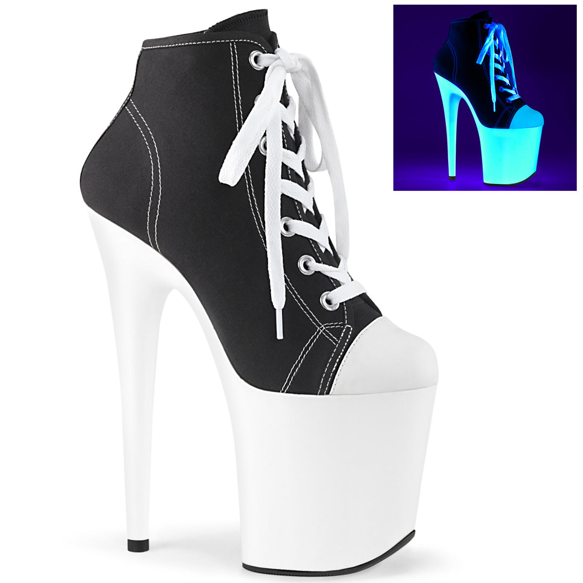 Pleaser Womens Ankle Boots FLAMINGO-800SK-02 Blk Canvas/Neon White
