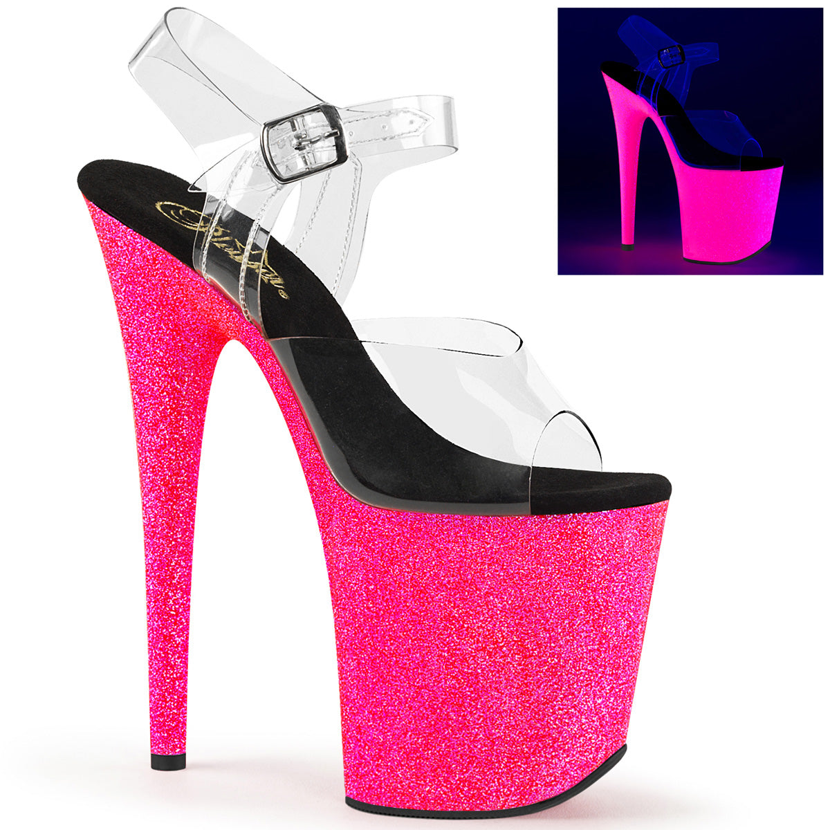 Pleaser Womens Sandals FLAMINGO-808UVG Clr/Neon H. Pink Glitter