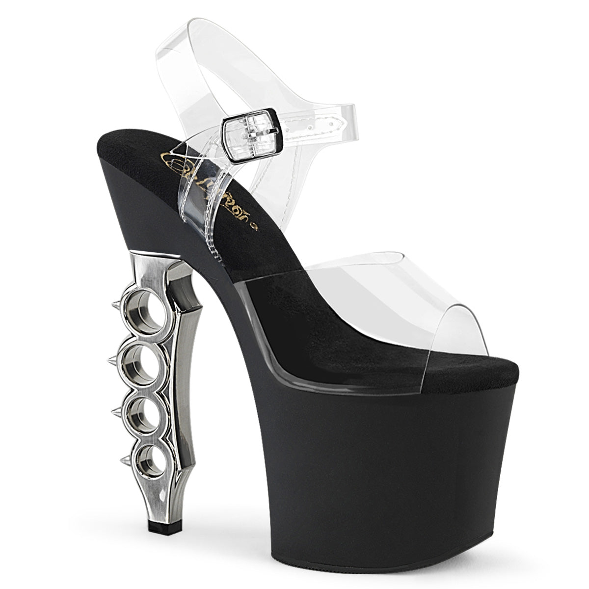Pleaser Womens Sandals IRONGRIP-708 Clr/Blk Matte-Slv Brushed