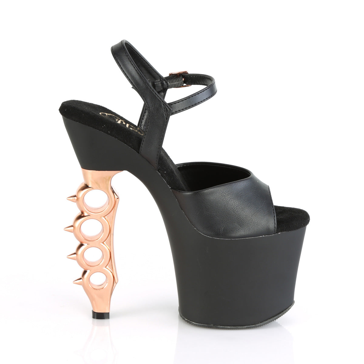 Pleaser Womens Sandals IRONGRIP-709 Blk Faux Le./Blk Matte-Copper Brushed